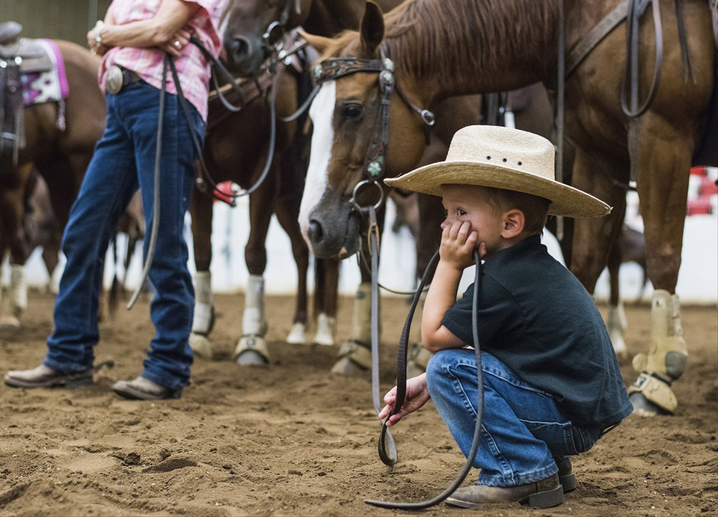 Luke Stang, 3, of Winchester, Kentucky hold on to his families horse Filly, while watching his grandpa take part in the Southern Kentucky Team Penning Association contest on September 5, 2015 at the L.D. Brown Agricultural Center in Bowling Green, Kentucky. MICHAEL NOBLE