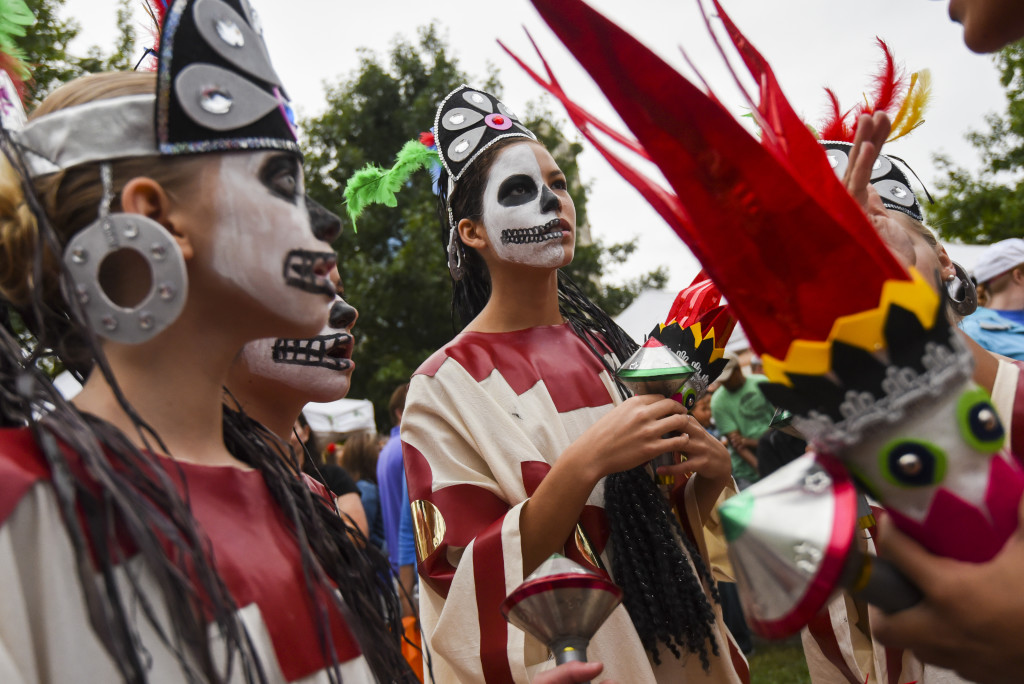 Dancers wait patiently back stage before performing in the annual Festival Latino de Lexington at Robert F. Stephens Courthouse Plaza on Sept. 19, 2015. The festival boasted a display of traditional dances from numerous organizations around the lexington area. HARRISON HILL