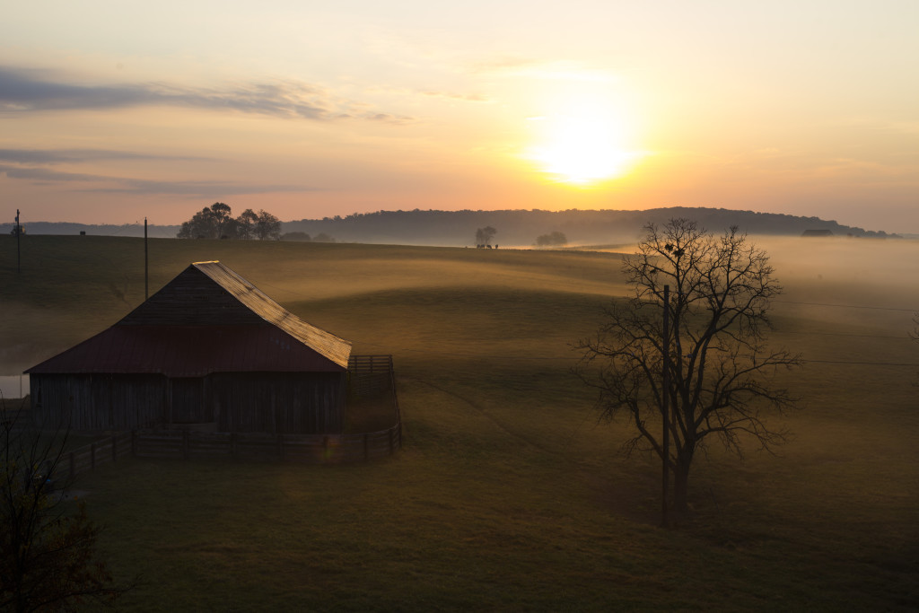 The sun rises over the a barn resting in the rolling hills of Frankfort, Ky., on October 23, 2015. BRITTANY GREESON