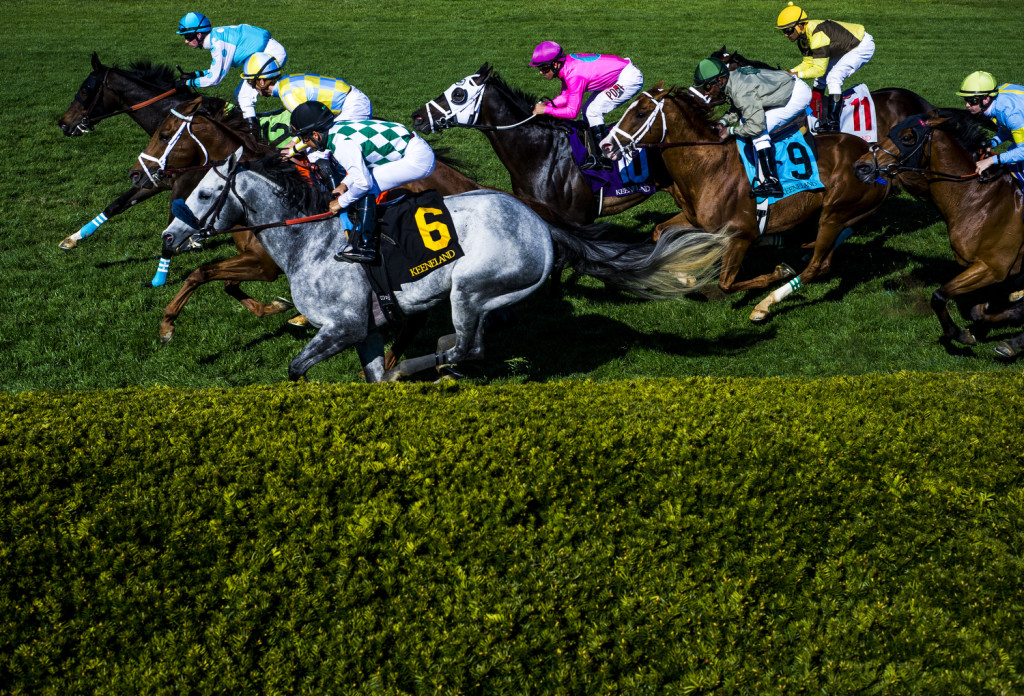 The final race of Sunday, April 17, of the 2016 Spring Race Meet at Keeneland Race Track finishes on the turf. Kasaqui (6) won, ridden by Paco Lopez.