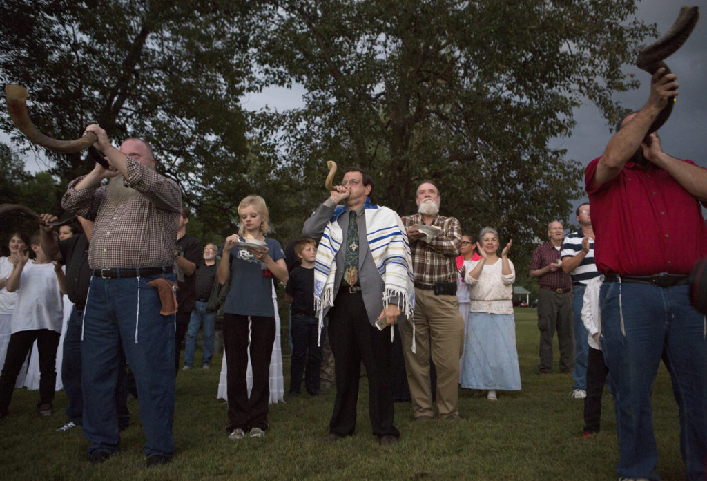 After spotting the new moon members of Bethel Fellowship Ministries blow shofars in celebration of the Feast of Trumpets. It is a biblically commanded celebration and is observed after sighting the new moon which starts the first day of the seventh biblical lunar month.