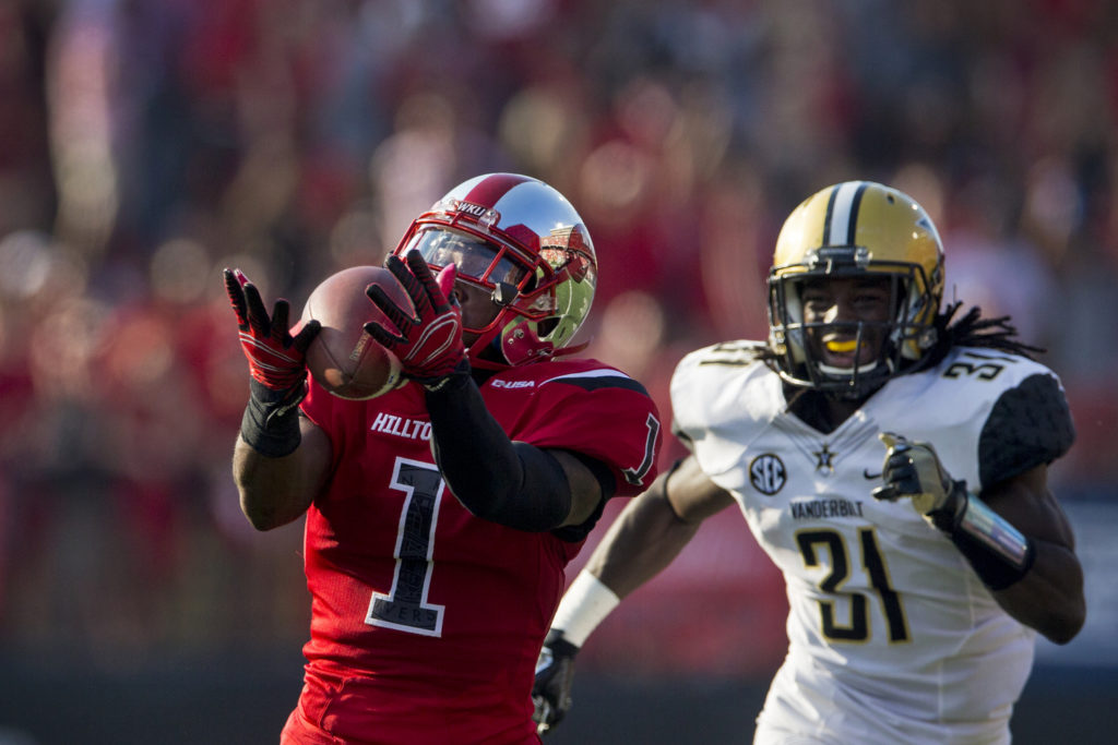 Western Kentucky University wide receiver Nacarius Fant (1) makes a 61 yard catches for a touchdown during the second quarter of the Western Kentucky University-Vanderbilt University game on Saturday Sept. 24, 2016 at L.T. Smith Stadium in Bowling Green.